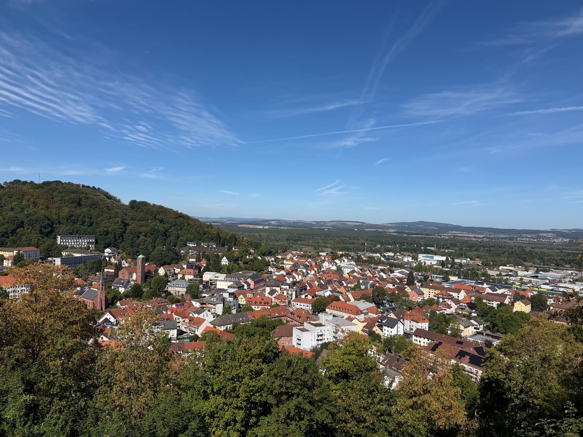 Landstuhl seen from the hill: red roofs, church tower and wooded hills